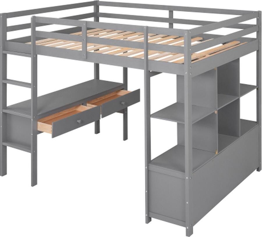 Zonder merk Gotagee Hoogslaper 140x200cm Kinderbed (zonder matras) Grijs met opberglades en bureau