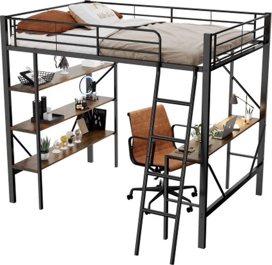 Zonder merk Gotagee Hoogslaper 90x200cm Ijzeren bed (zonder matras) Metalen bed Zwart met bureau en drie grote planken