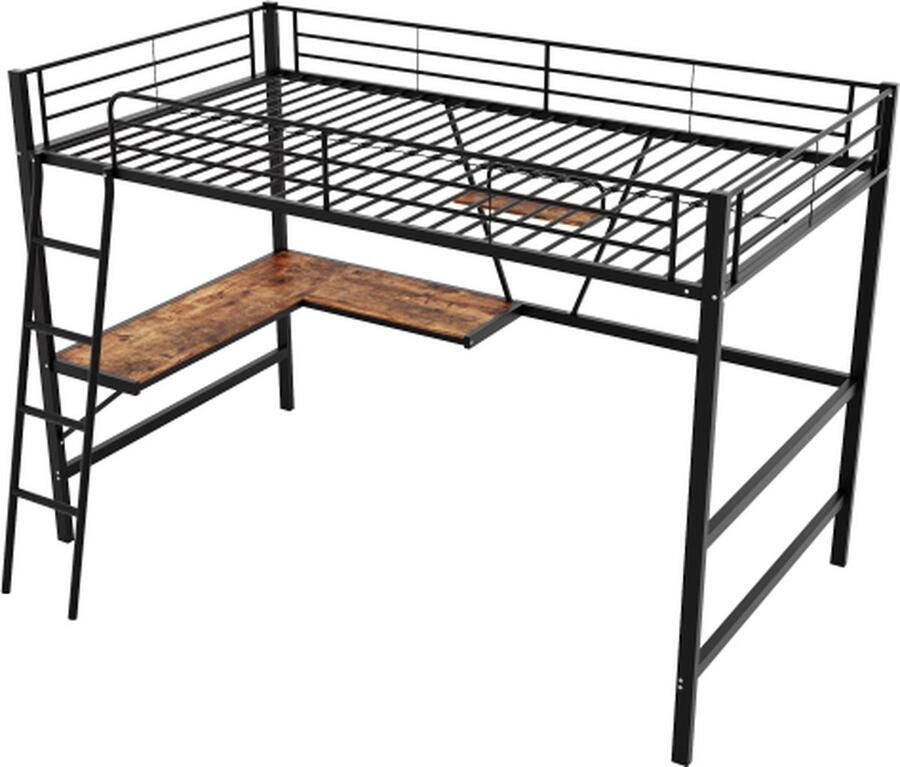 Zonder merk Gotagee Hoogslaper 90x200cm Ijzeren bed (zonder matras) Metalen bed Zwart met L-vormig bureau en een plank