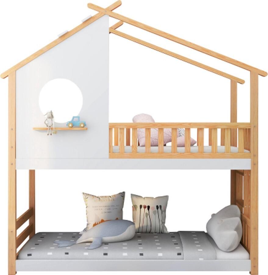 Zonder merk Gotagee Huisbed 200x90cm Stapelbed zonder matras Wit Grenenhout met rechte ladder met valbeveiliging en barrière Kinderbed