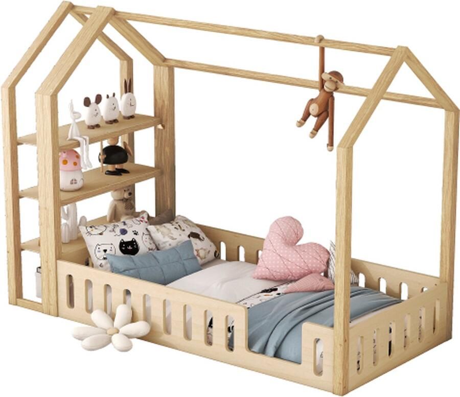 Zonder merk Gotagee Huisbed 90x200cm Kinderbed (zonder matras) Natuurlijke Vlakke laadvloer met leuning en 3 planken
