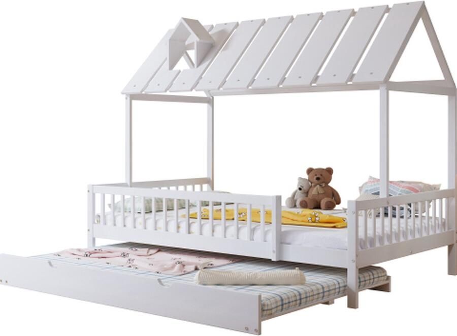 Zonder merk Gotagee Huisbed met uitklapbed 120x200 190cm zonder matras Wit Grenenhout met dak met schoorsteenhout met 3-zijdig hek - Foto 2