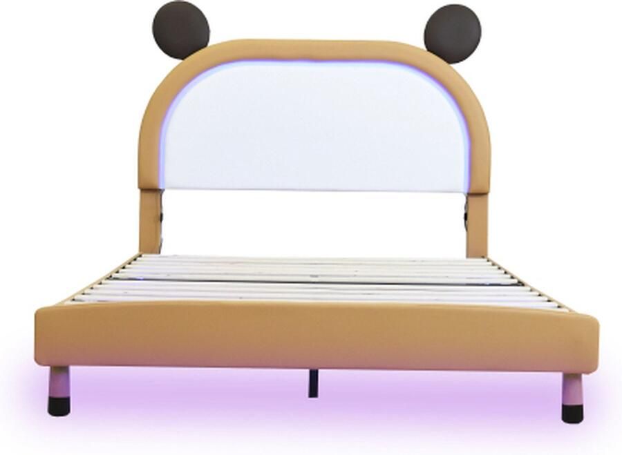 Zonder merk Gotagee Kinderbed 140x200cm Gestoffeerd bed (zonder matras) met LED Kunstleer Geelbruin