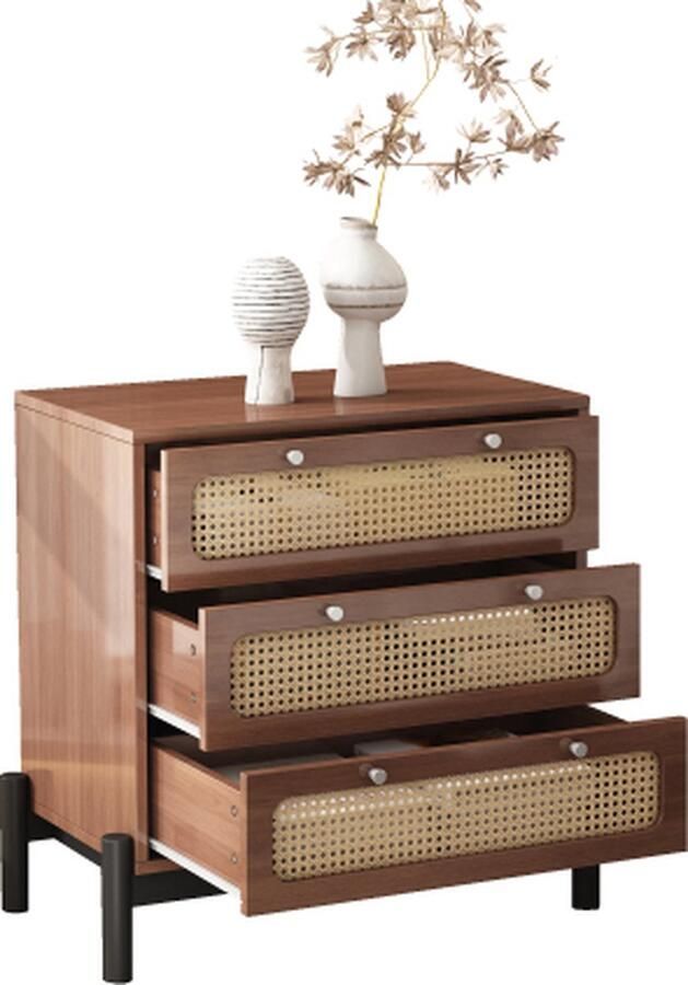 Zonder merk Gotagee Klassieke Ladekast met 3 Laden Rieten Ladenplaten Zwarte Pootframe Opbergruimte Woonkamerkast Slaapkamerkast Grenen