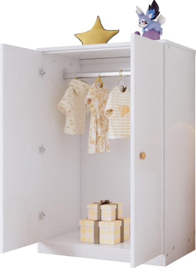 Zonder merk Gotagee Kleine kledingkast met stang 2-deurs kledingkast slaapkamerkast Woonkamerkast kinder kledingkast MDF Wit - Foto 2