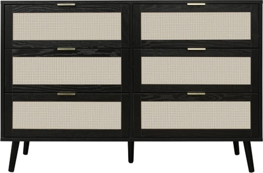 Zonder merk Gotagee Ladekast met rotanvlechtwerk en zes laden poten van grenenhout geschikt voor slaapkamer woonkamer studeerkamer en andere kamers