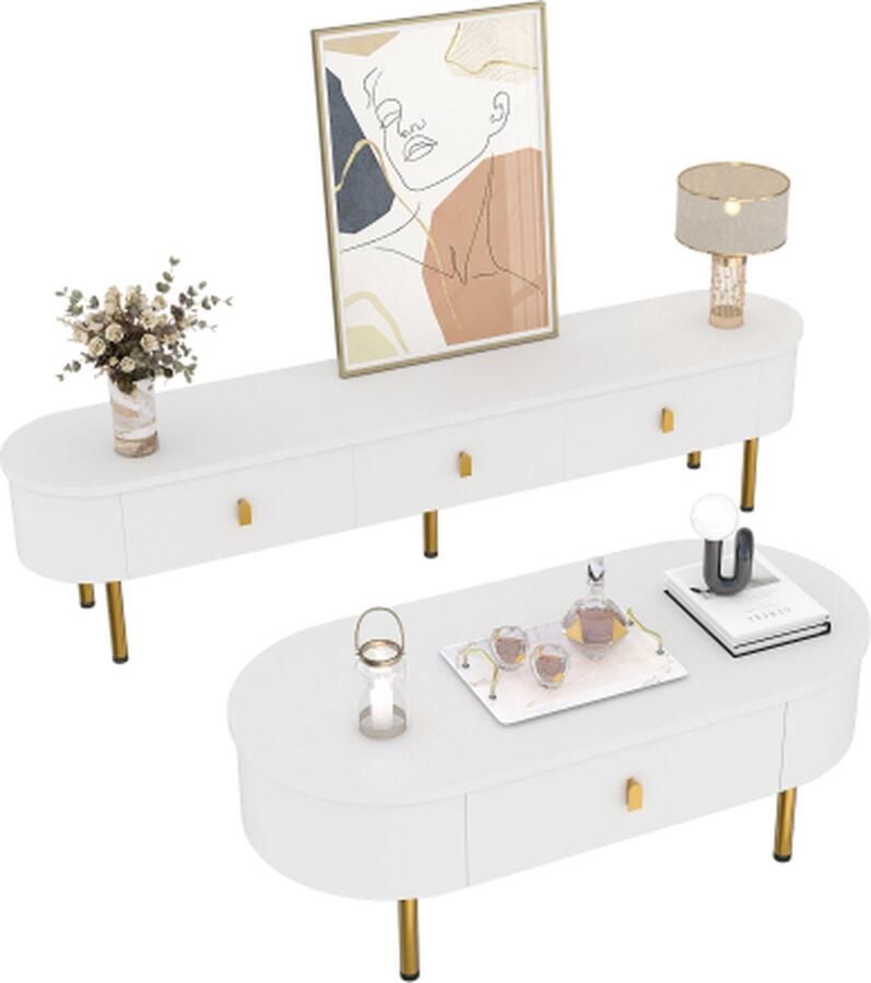 Zonder merk Gotagee Lichte Luxe TV-Meubel TV-kast Salontafel Combinatie Woonkamer Combinatie met Laden Afronde Hoeken Wit