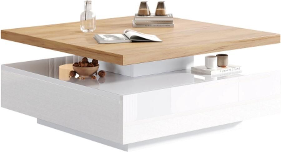 Zonder merk Gotagee Multifunctionele vierkante 360° draaibare koffielade witte hoogglans 2-laags centrale draaibare tafel en opbergkast woonkamer bijzettafel wit - Foto 2