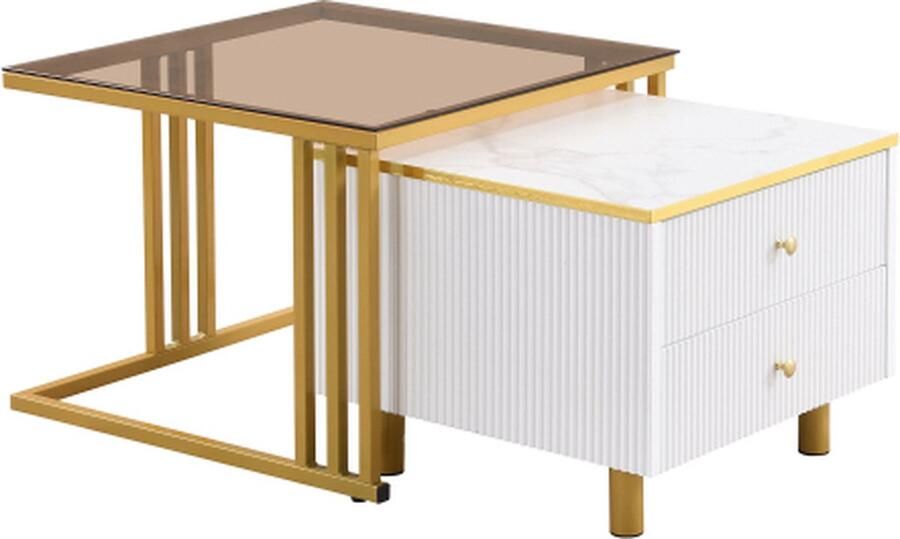 Zonder merk Gotagee Salontafel Set met twee tafels met lades en glazen blad hoogte verstelbaar