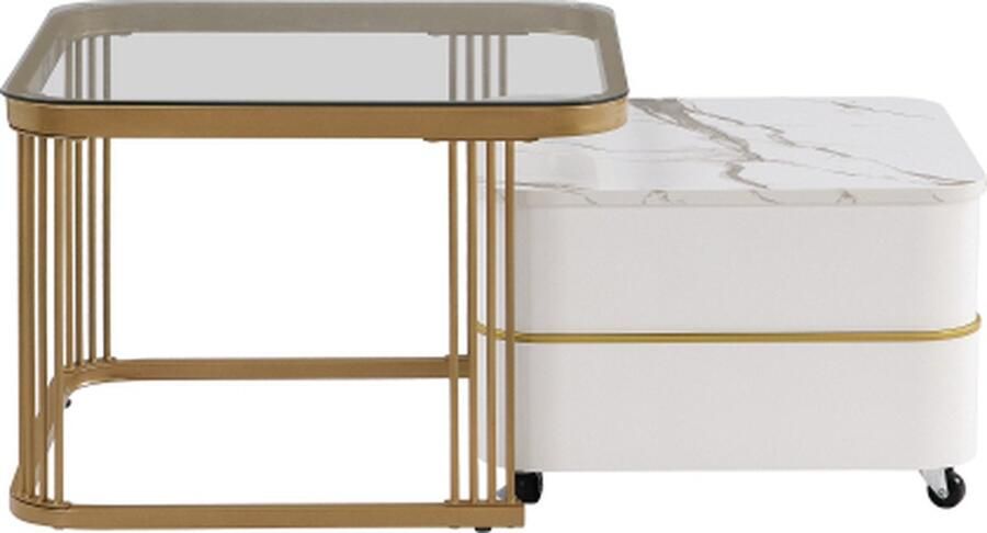 Zonder merk Gotagee Stapelbare Salontafel Wit Hoogglans Marmerlook En Glasplaat Gouden Accenten Bijzettafel Met Laden Twee Delig Set