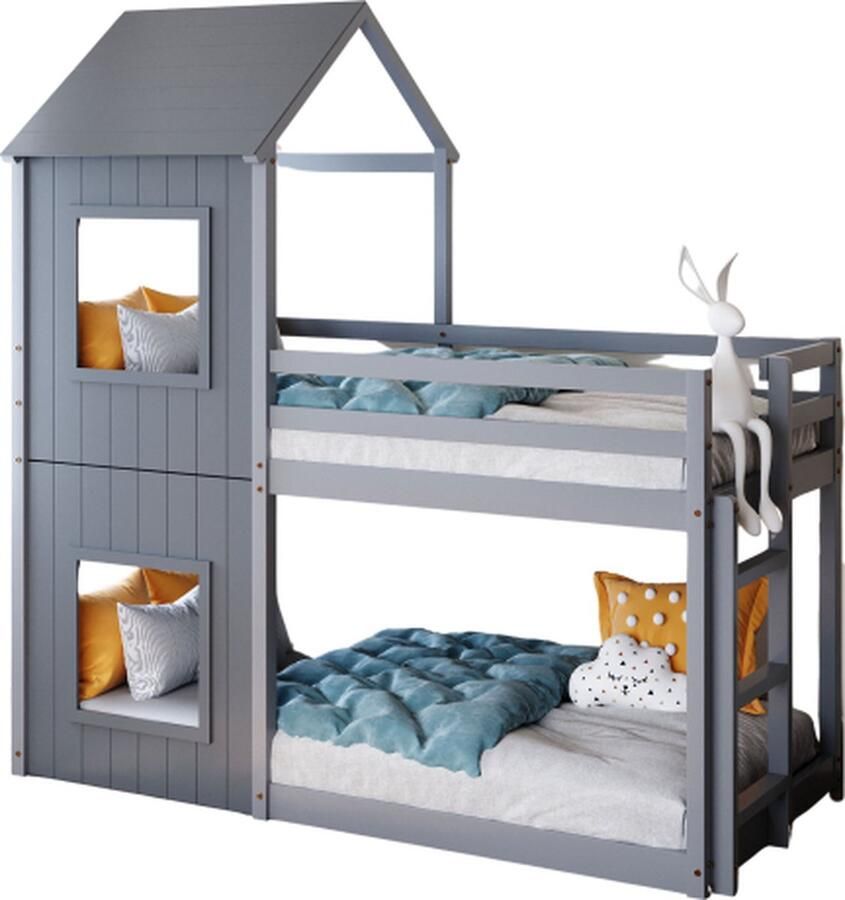 Zonder merk Gotagee Stapelbed 90x200cm Kinderbed (zonder matras) Huisbed Grijs Massief hout