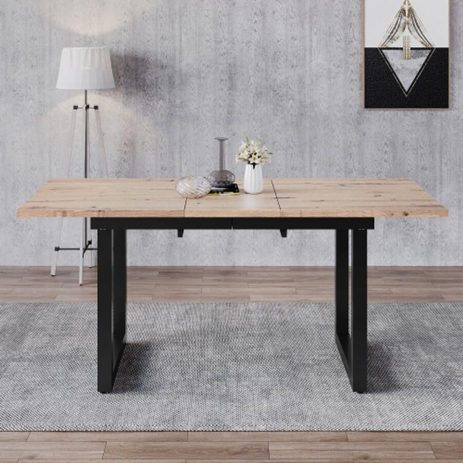 Zonder merk Gotagee Uitschuifbare eettafel L140 180*B80*H75 industriële stijl rechthoekig salontafel gemaakt van ijzer ruimtebesparend MDF eikenlook + zwart - Foto 2