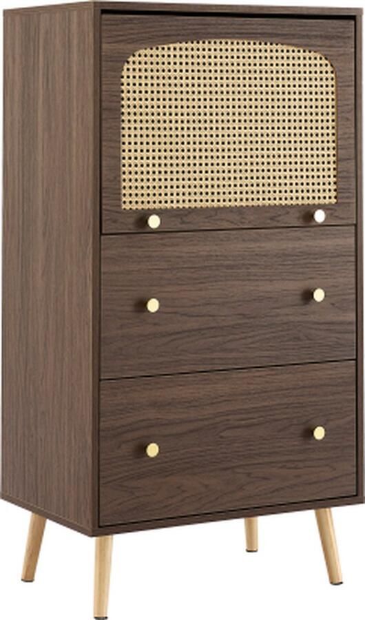 Zonder merk Gotagee Walnoot kast rattan lades schuifdeur gouden poten opbergmeubel bruin