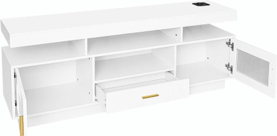 Zonder merk Gotagee Witte Hoogglans TV-kast met LED-verlichting 150x40x60 cm – 2 Glazen Deuren 1 Lade 3 Open Planken Kabelbeheer en Geluidsarme Scharnieren