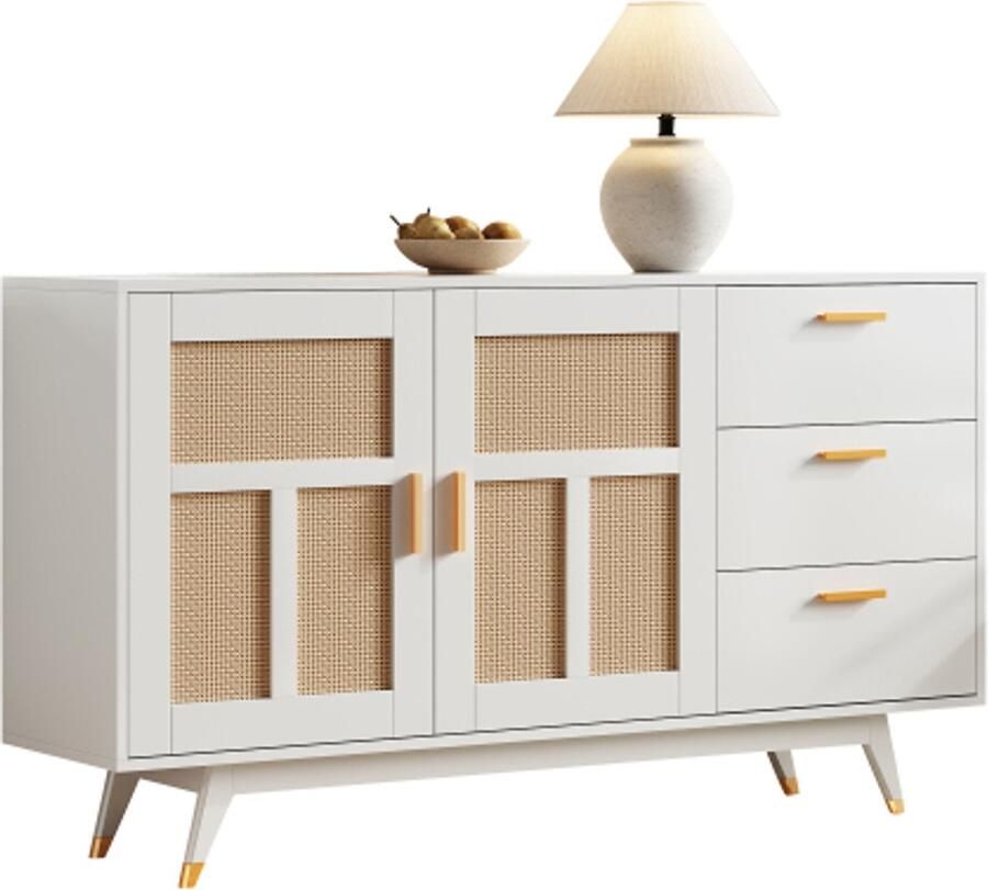 Zonder merk Gotagee witte rotan kast multifunctionele opbergkast 2 rotan deuren 3 laden buffet gouden decoratie 160x40x87cm