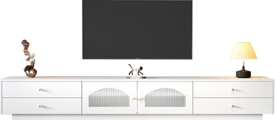 Zonder merk Gotagee Witte TV-Kast Bijzetkast met 4 Lades en 2 Glazen Deuren Woonkamerkast