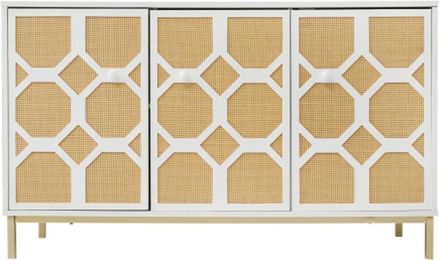 Zonder merk Gotagee Woonkamer Kast Driedeurs Dressoir Gestructureerde Rotan Deuren Inclusief Verstelbare Planken Gouden Voeten