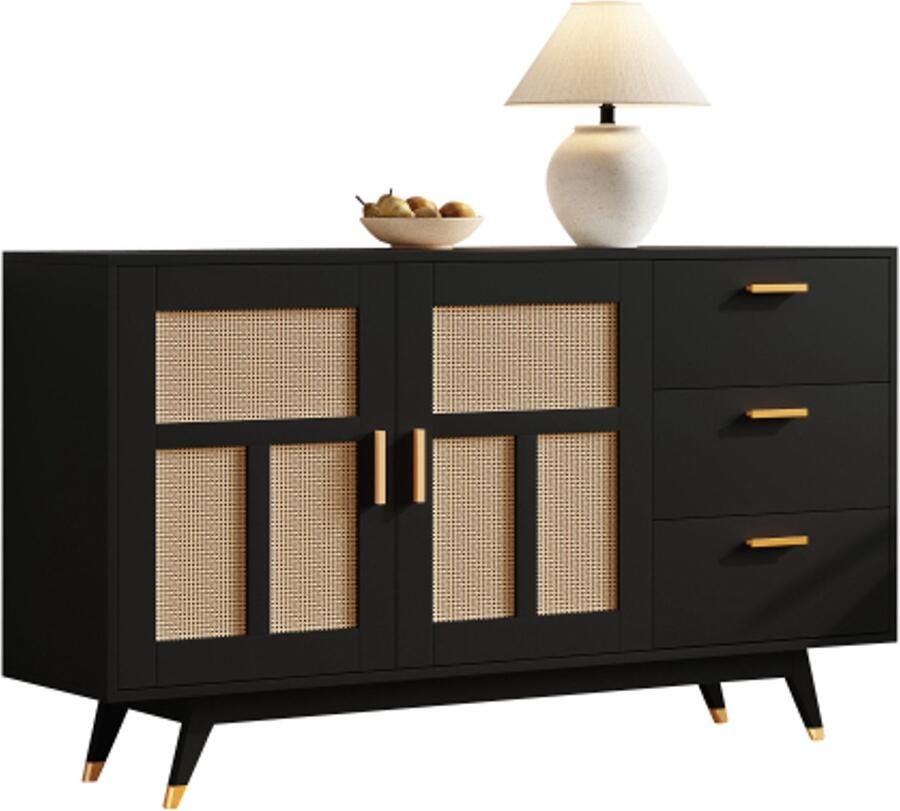 Zonder merk Gotagee zwart rotan kast multifunctionele opbergkast 2 rotan deuren 3 laden buffet gouden decoratie 160x40x87cm