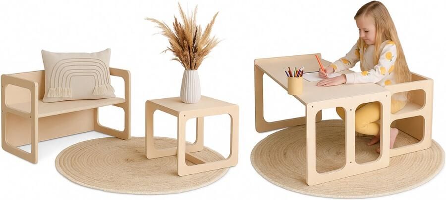 Zonovi Montessori Kindermeubel Set 2 in 1 Kindertafel Kinderbureau Peutertafel Speeltafel met Kinderstoel Activiteitentafel Tekentafel Kinderbankje Tafeltje met Stoeltje Omkeerbaar Kinderkamer Molecuul