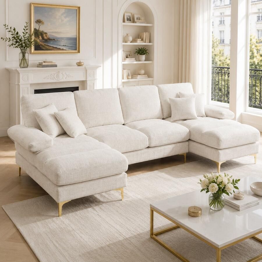 Re-purelife Luxe Moderne U-vormige loungebank hoekbank 272x136 cm Hoekzetel massief houten frame dubbele ligplaatsen comfortabele ligbank stevige constructie ergonomisch zitcomfort ruime familiesofa voor woonkamer of kantoor – Beige - Foto 2
