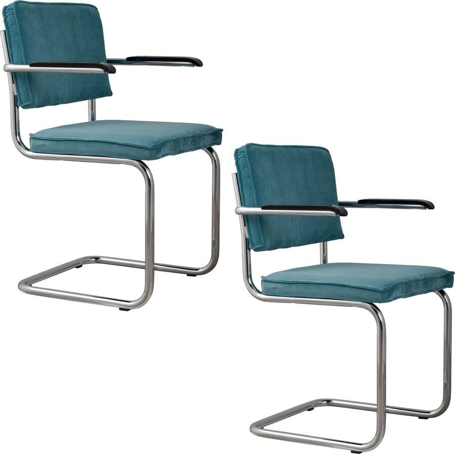 Zuiver Ridge Rib Eetkamerstoelen met armleuning Blauw Set van 2