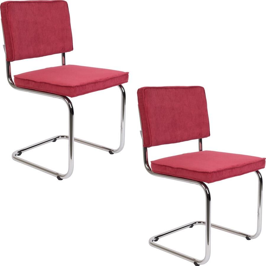Zuiver Ridge Rib Chrome Eetkamerstoel Rood Set van 2