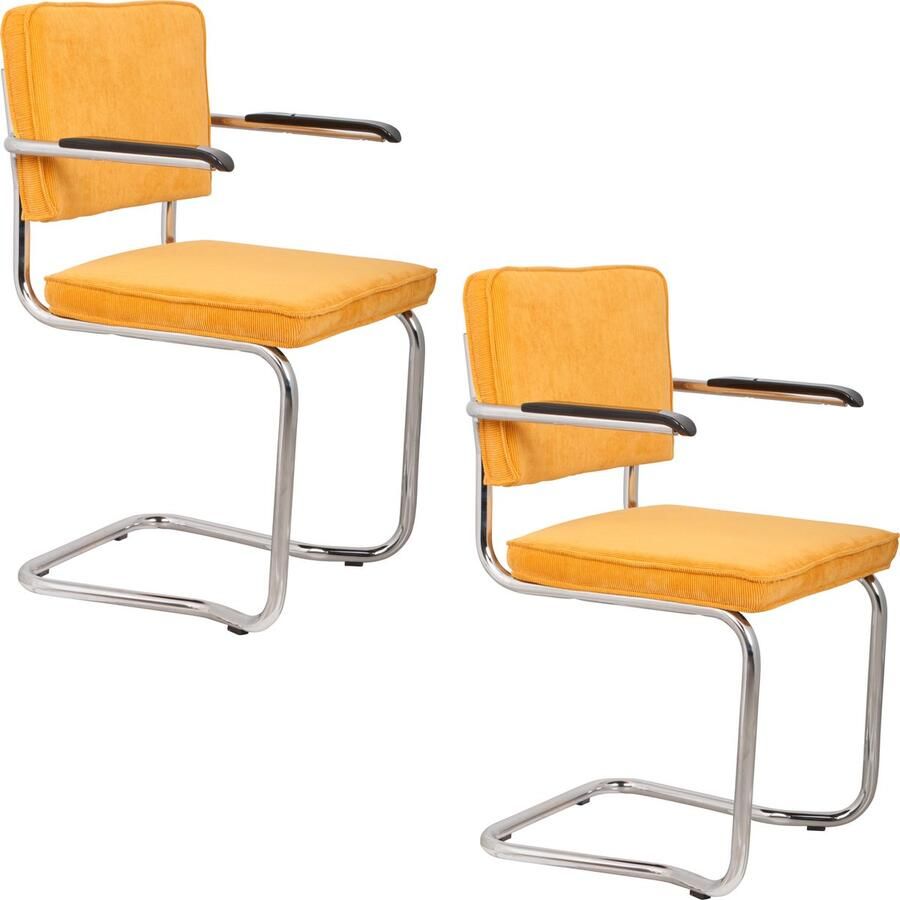 Zuiver Ridge Rib Kink Eetkamerstoelen met armleuning Geel Set van 2