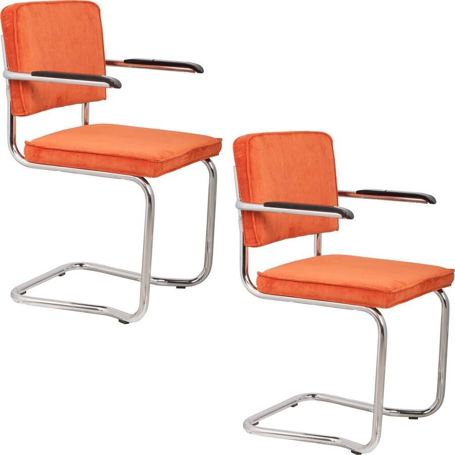 Zuiver Ridge Rib Kink Eetkamerstoelen met armleuning Oranje Set van 2