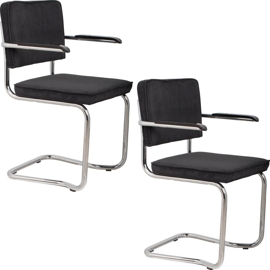 Zuiver Ridge Rib Kink Eetkamerstoelen met armleuning Zwart Set van 2