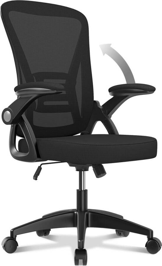 Zwart Bureaustoel BIGZZIA Ergonomische Stoel Fauteuil met 90° opklapbare armleuning Lendensteun In hoogte verstelbaar