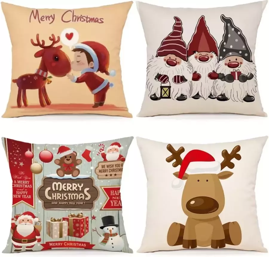 ZWJD Kussenhoes kerstdecoratie 45 x 45 cm 4 stuks katoen en linnen decoratief kussensloop 45 x 45 cm voor slaapkamer canapé stoel bed kerstdecoratie