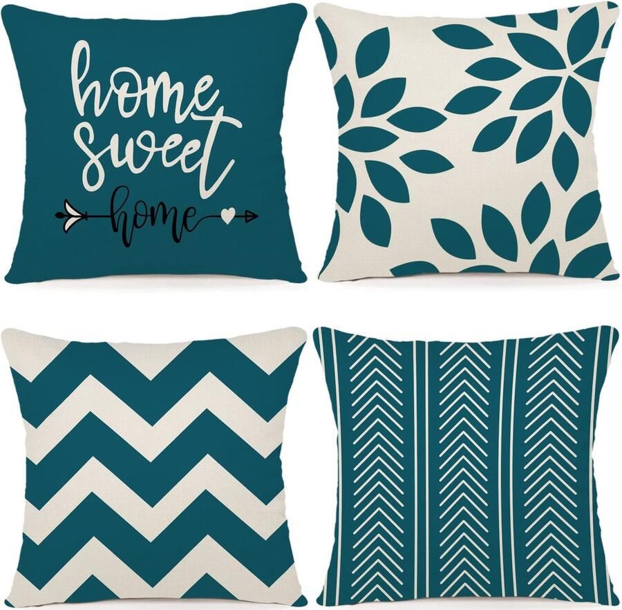 ZWJD Kussenhoes 50x50 Set van 4 Decoratieve Kussenhoezen Buitenkussenhoezen Linnen Decoratief Kussen voor Slaapkamer Bank Stoel Bed Tuin (50 x 50 cm Blauwgroen)