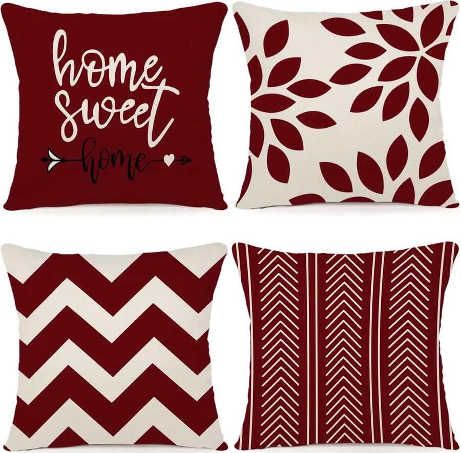 ZWJD Kussenhoes 50x50 Set van 4 Decoratieve Kussenhoezen Buitenkussenhoezen Linnen Decoratief Kussen voor Slaapkamer Bank Stoel Bed Tuin (50 x 50 cm Wijnrood)