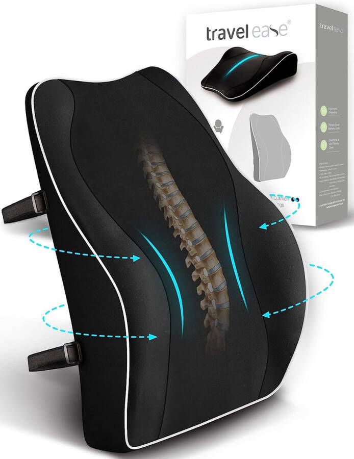 ‎Travel Ease Ergonomisch Lendensteun Kussen Rugleuning van Traagschuim voor Autostoel Bureaustoel Gamestoel Rugleuning met Antistatische Hoes en Dubbele Verstelbare Banden Zwart