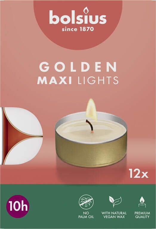 Bolsius Maxi-lichten 10-uur met gouden cup doos 12 Wit