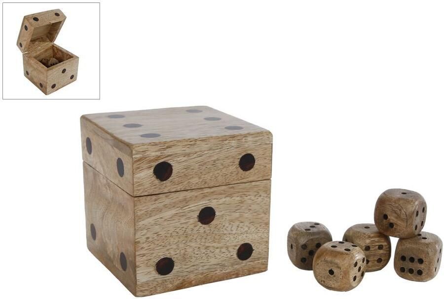 Coppens Dobbelsteen Dice met 5 dobbelstenen naturel mango 9x9x9cm