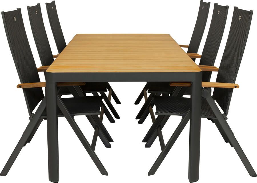 Coppens Qopps Mikos tuintafel met 6 Hartman Napoli verstelbare tuinstoelen teak armlegger