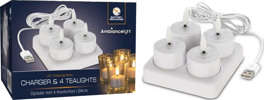 Koopman Lader met 4 oplaadbare LED Theelichten- waxinelicht- 4-stuks - Foto 2