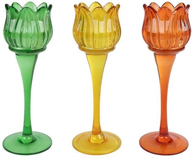 Coppens Theelichth Tulip L geel groen oranje 3 assorti glas