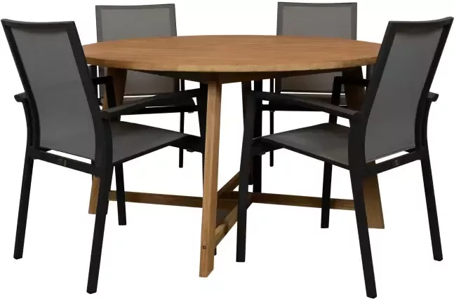 Qopps Alexander teak tuintafel 130 rond met Tampa stapelbare tuinstoel
