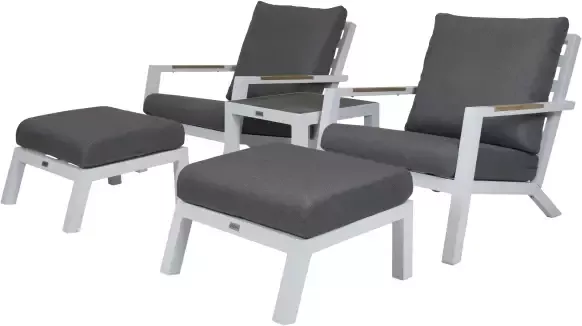 Qopps Ascon set van 2 lounge tuinstoelen met 2 voetenbankjes en bijzettafel