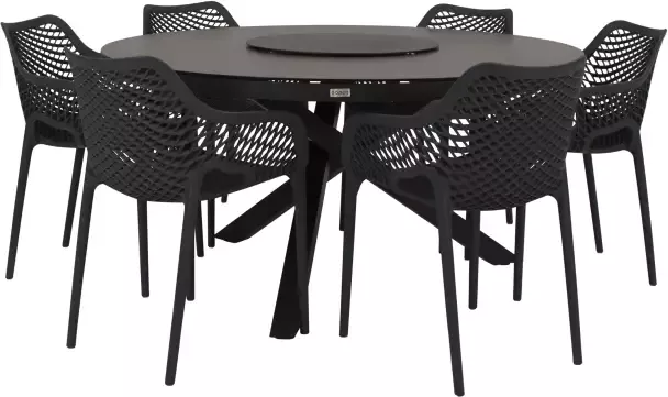 Qopps Perth tafel 150 rond Antraciet met 6 tuinstoelen Air XL