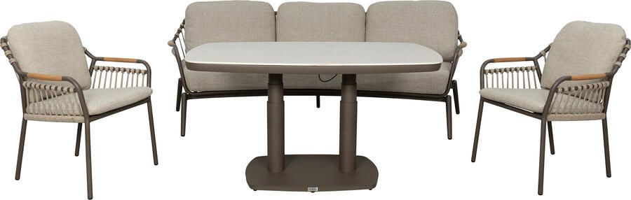 Qopps Egina loungebank met 2 dining tuinstoelen en Elena in hoogte verstelbare tuintafel