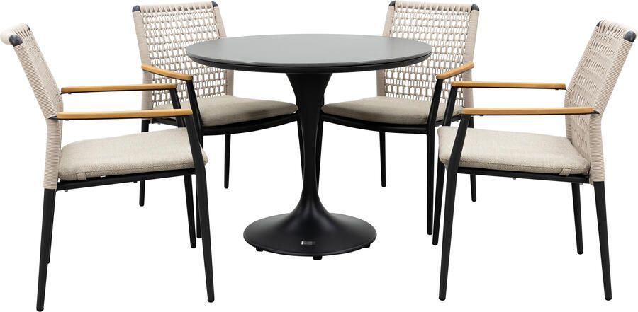 Qopps Gaona tuintafel met 4 Indra stapelbare tuinstoelen beige