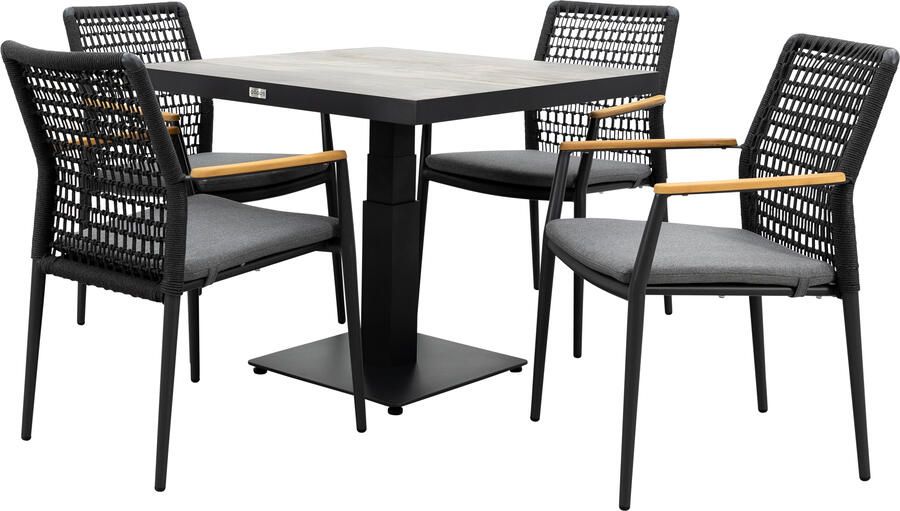 Qopps Javie in hoogte verstelbare tuintafel met 4 Indra stapelbare tuinstoelen antraciet