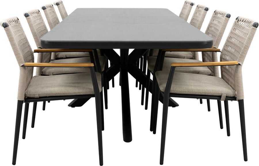 Qopps Mirek uitschuifbare tuintafel met 8 Indra stapelbare tuinstoelen