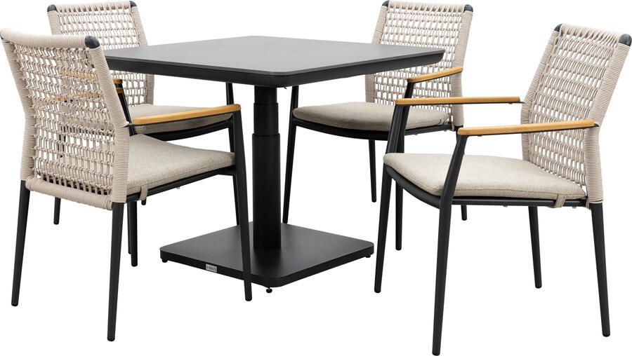Qopps Ramin in hoogte verstelbare tafel met 4 Indra stapelbare tuinstoelen