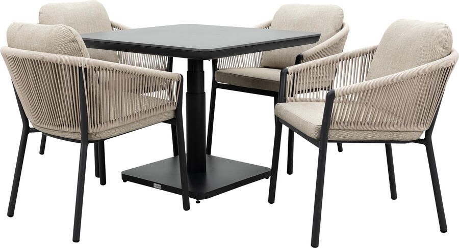Qopps Ramin in hoogte verstelbare tuintafel met 4 Felan dining tuinstoelen