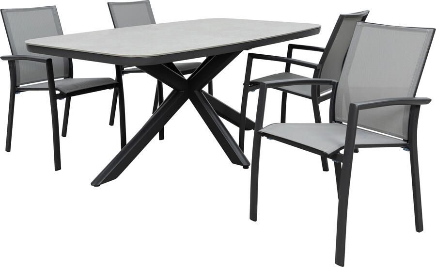 Qopps Vakio tuintafel met 4 Tampa stapelbare tuinstoelen