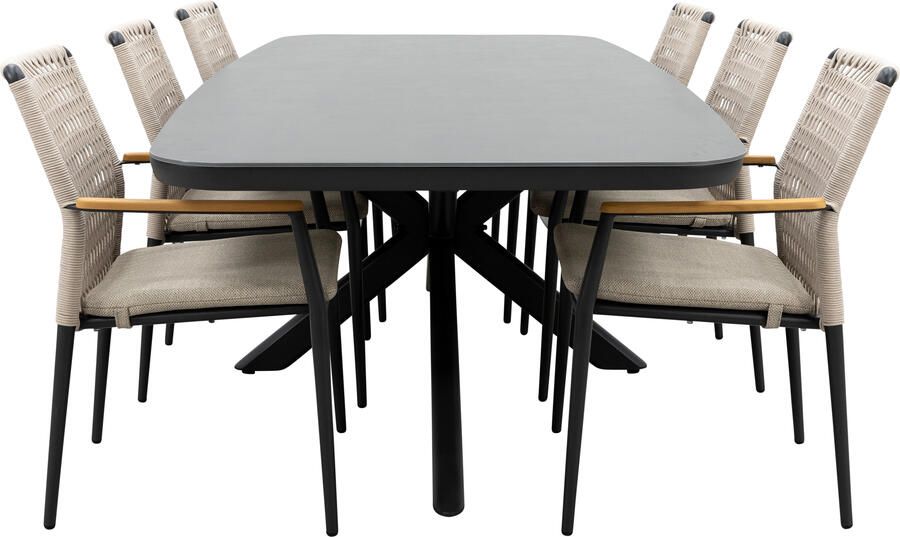 Qopps Vakio tuintafel met 6 Indra stapelbare tuinstoelen